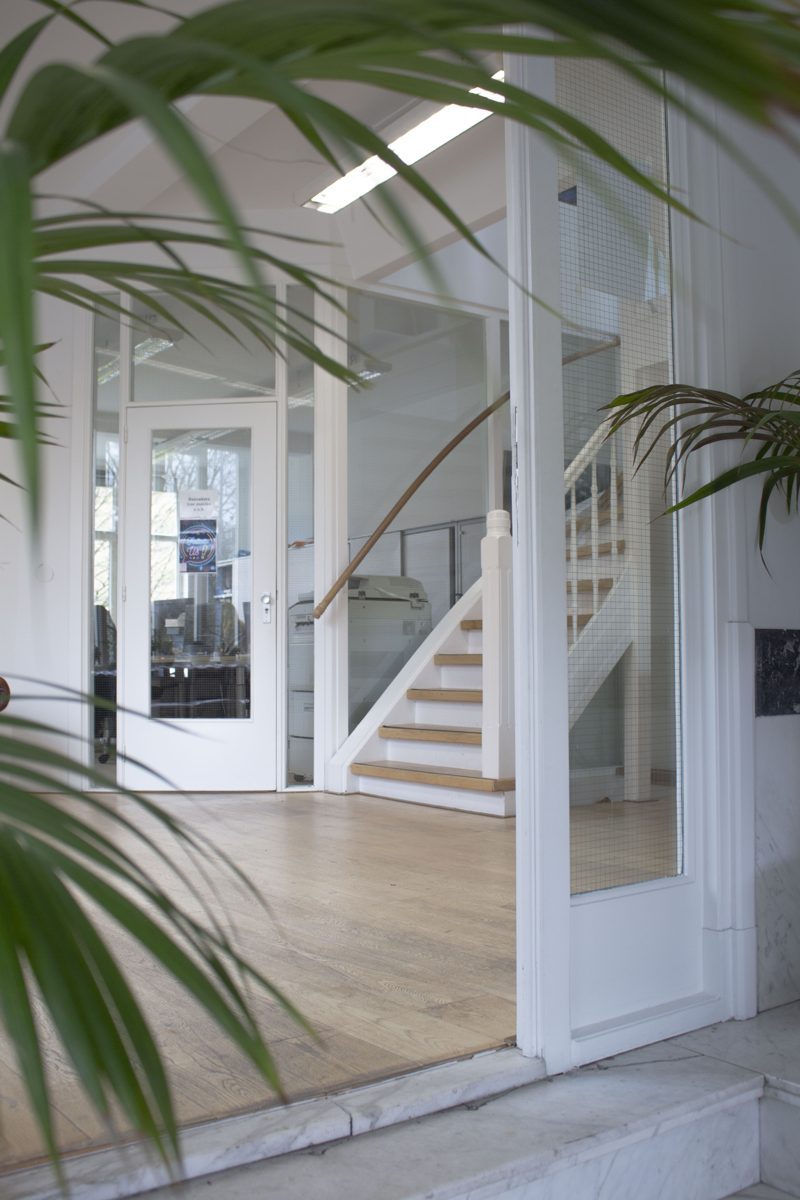 Lichte hal met trap en planten
